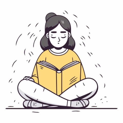 Girl sitting in lotus position and reading book.