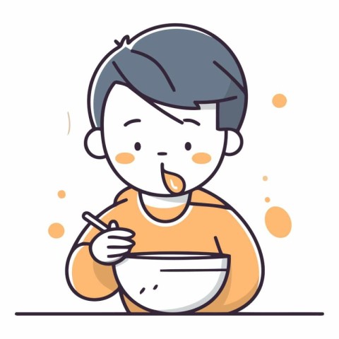 Illustration of a boy eating a bowl of soup. Vector.