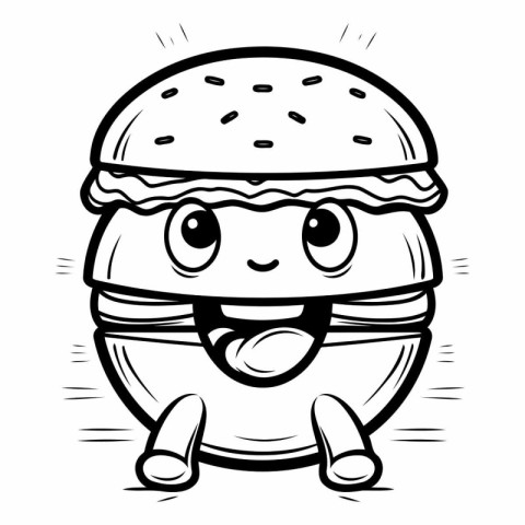 Black and White Cartoon Illustration of Funny Burger Mascot Char