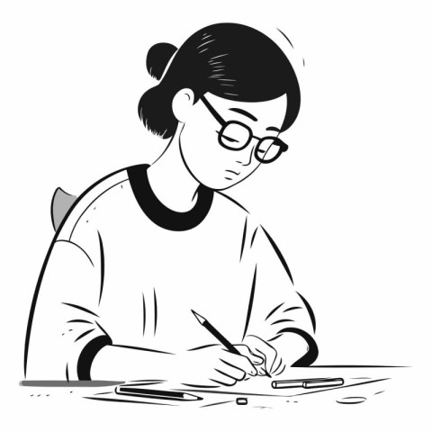 Illustration of a woman drawing with a pencil on a white backgro