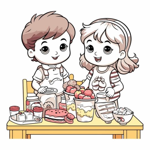 Boy and girl cooking cake in the kitchen. Vector cartoon illustr