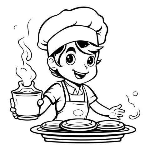 Black and White Cartoon Illustration of Cute Little Boy Chef wit