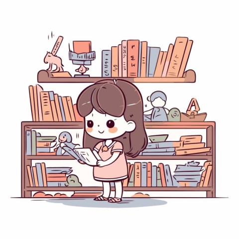 Cute little girl reading a book in library.