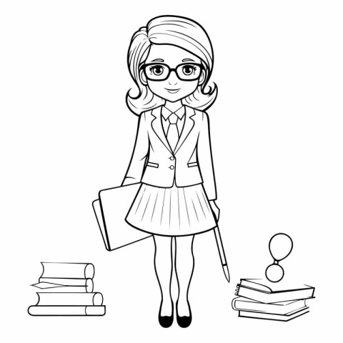 Coloring book for children: schoolgirl with books.