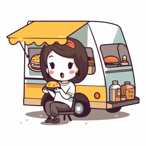 Illustration of a Girl Eating a Burger in a Fast Food Truck