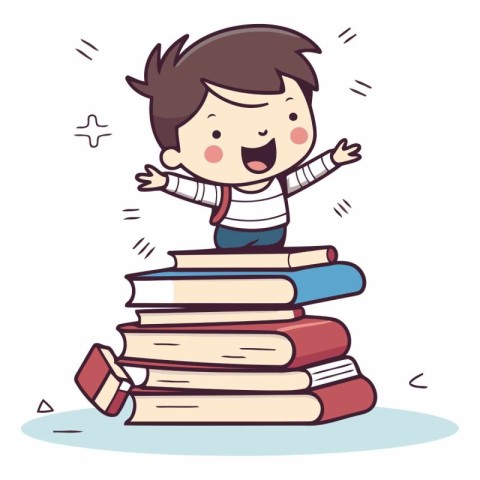 Boy on pile of books in a flat style.