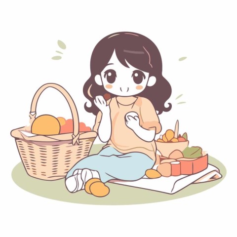 Illustration of a Little Girl Posing with a Basket of Food