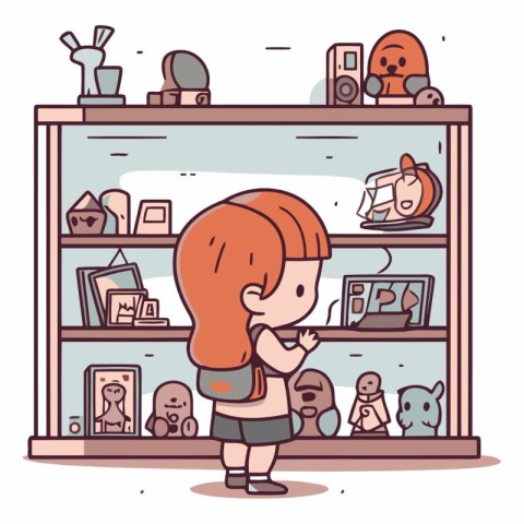 Cute little girl in a bookstore in cartoon style.