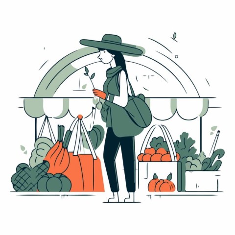 Vector illustration of a woman shopping at the market with fruit