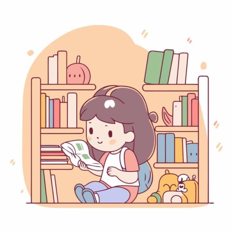 Girl reading a book in the library in cartoon style.