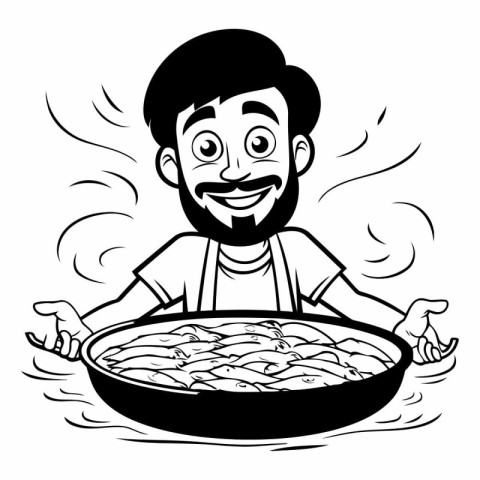 Cartoon man cooking fish in a pan. Black and white vector illust