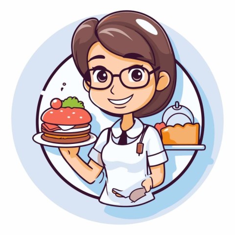 Cute cartoon woman chef holding plate of cake.