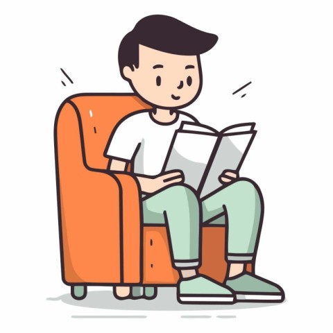 Young man reading a book sitting in armchair.