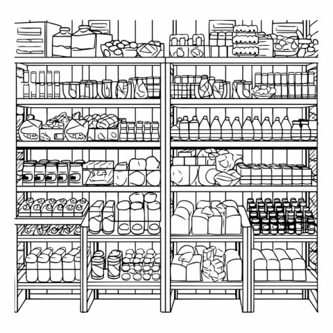 Supermarket shelves with products. Black and white illustration