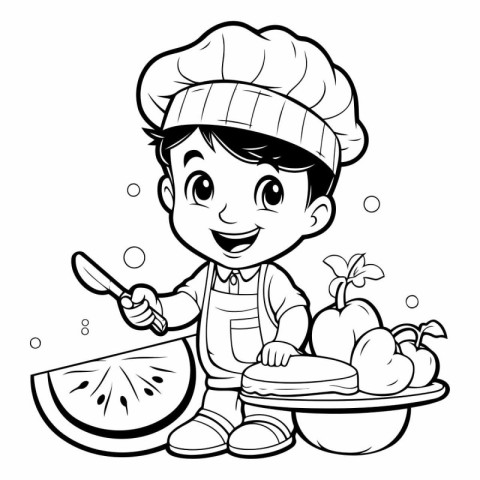 Black and White Cartoon Illustration of a Kid Boy Chef Character