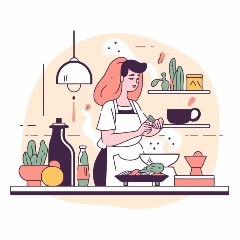 Young woman cooking in the kitchen in flat style.