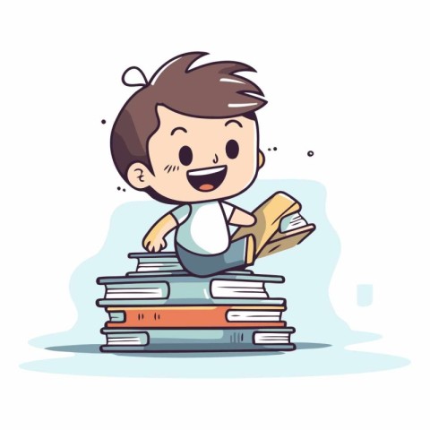 Boy with pile of books in cartoon comic style.