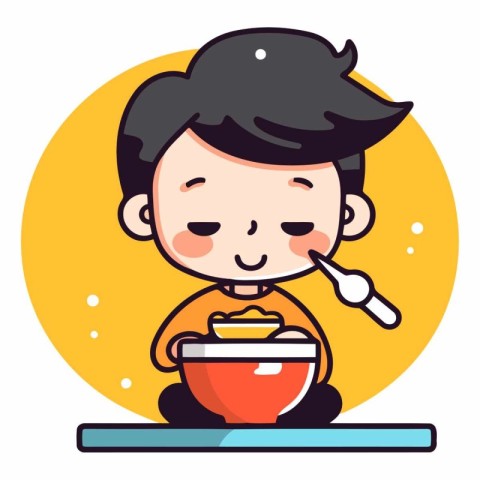 Cute cartoon boy eating soup in a flat style.