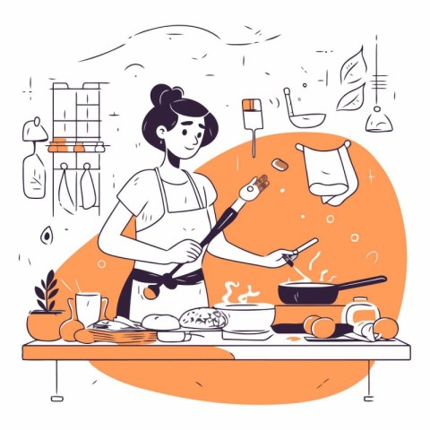 Vector illustration of woman cooking in the kitchen. Line art st