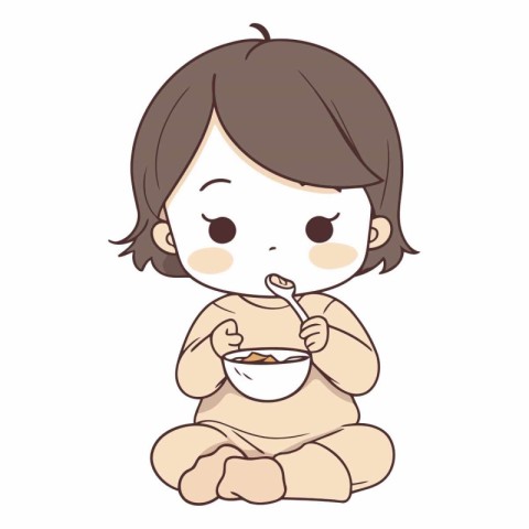 Illustration of a Little Girl Eating a Bowl of Noodles