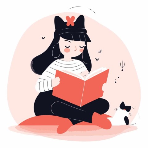 Cute girl reading a book in cartoon style.