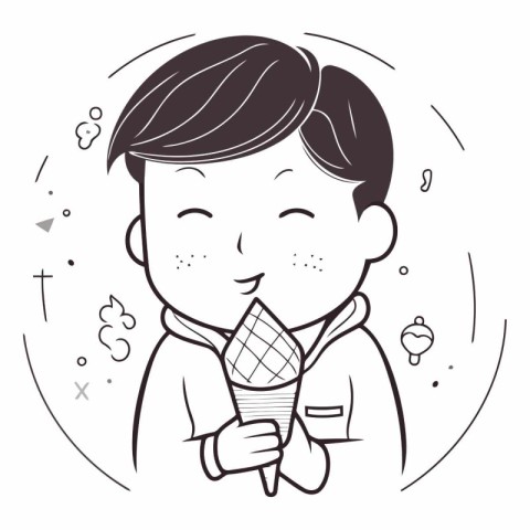 Cute boy eating ice cream in doodle style.