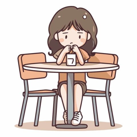 Girl sitting at the table with a cup of coffee.