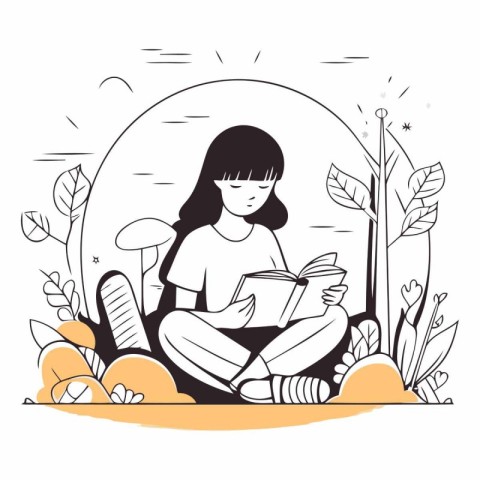 Girl reading a book in the garden in linear style.