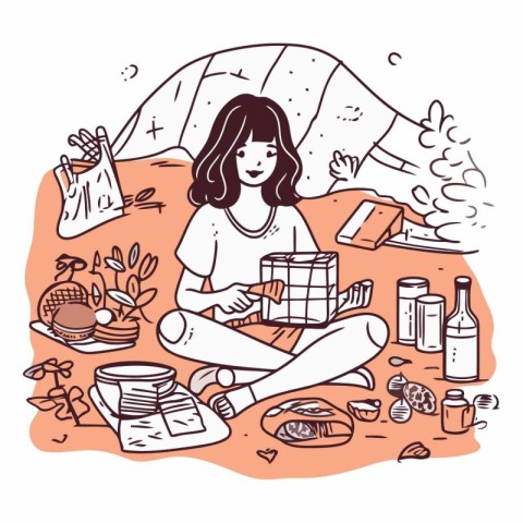 Girl at picnic in the forest in sketch style.