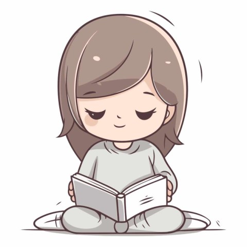 Illustration of a Cute Little Girl Reading a Book on White Backg