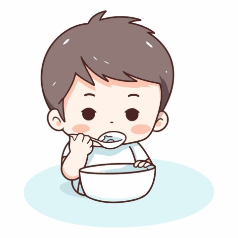 Illustration of a Cute Baby Boy Eating a Bowl of Milk