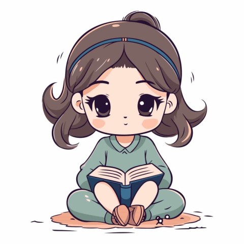 Cute little girl reading a book in cartoon style.