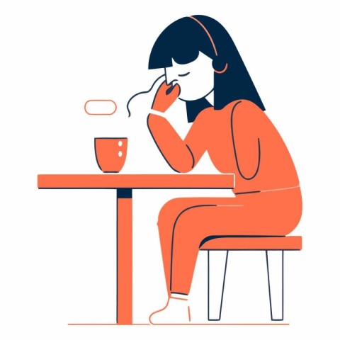 Girl sitting at the table and drinking coffee in flat style