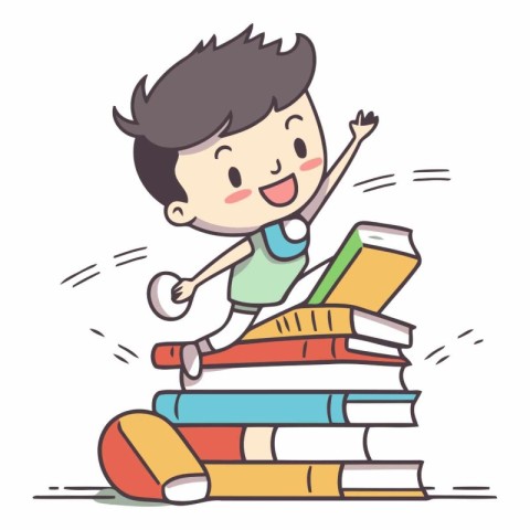 Boy jumping on pile of books. education concept.