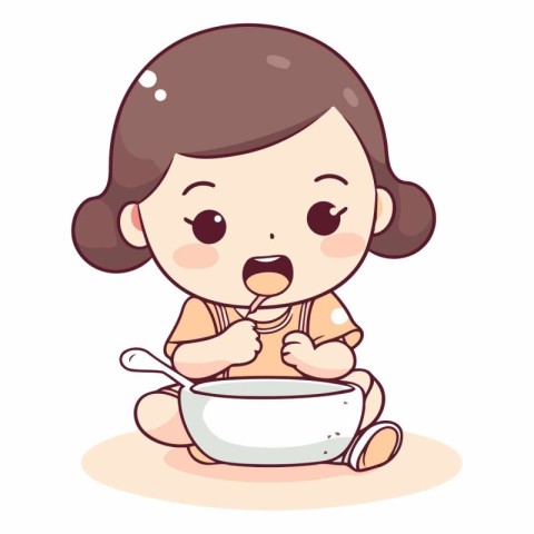 Illustration of a Cute Little Girl Eating a Bowl of Food