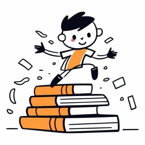 Boy jumping on pile of books in doodle style.