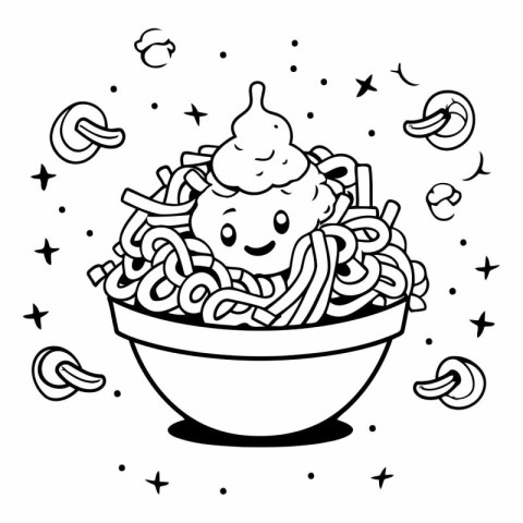 Black and white vector illustration of a bowl of noodle with ice