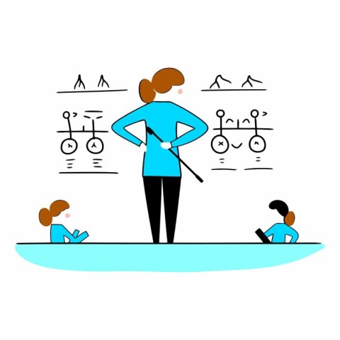 Vector illustration of a teacher with children. Flat line art st