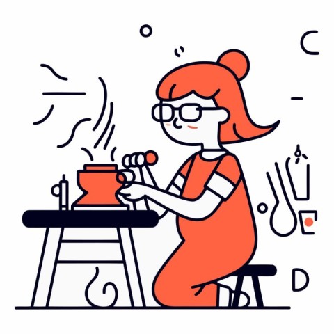 Girl in glasses is making tea in thin line style.