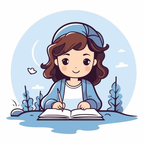 Cute little girl writing a book in the park.