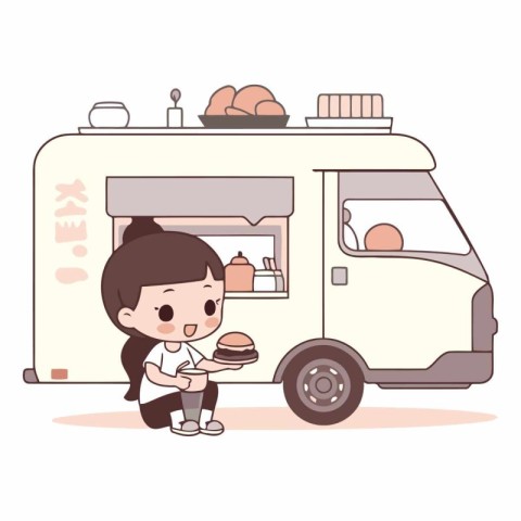 Illustration of a boy eating a hamburger at the food truck