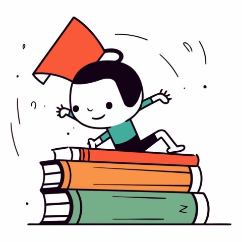 Little boy sitting on a pile of books. Vector cartoon illustrati