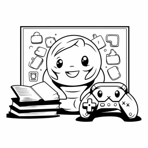 Black and White Cartoon Illustration of a Kid Playing a Video Ga