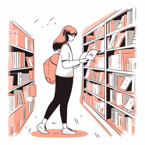 Female student standing in library and reading a book.