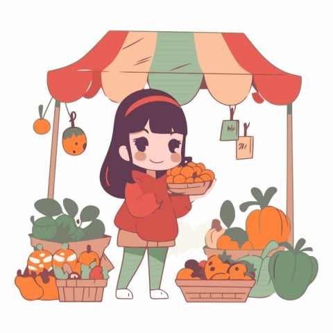 Cute little girl selling fruits and vegetables at market.