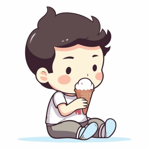 Illustration of a Kid Boy Eating an Ice Cream in a Cone