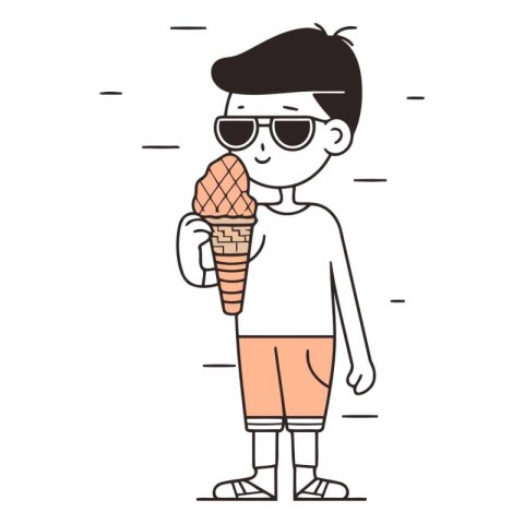 Boy with ice cream in waffle cone. Vector line art illustration.