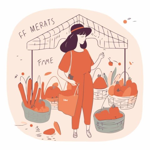 Vector illustration of a woman buying fresh fruits and vegetable