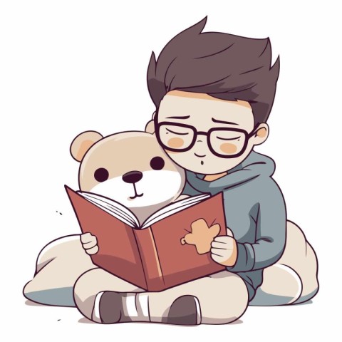 Cute boy reading a book with teddy bear vector illustration grap