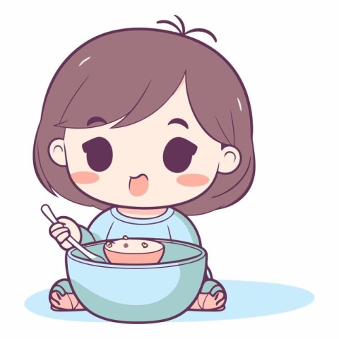 Illustration of a Cute Little Girl Eating a Bowl of Soup